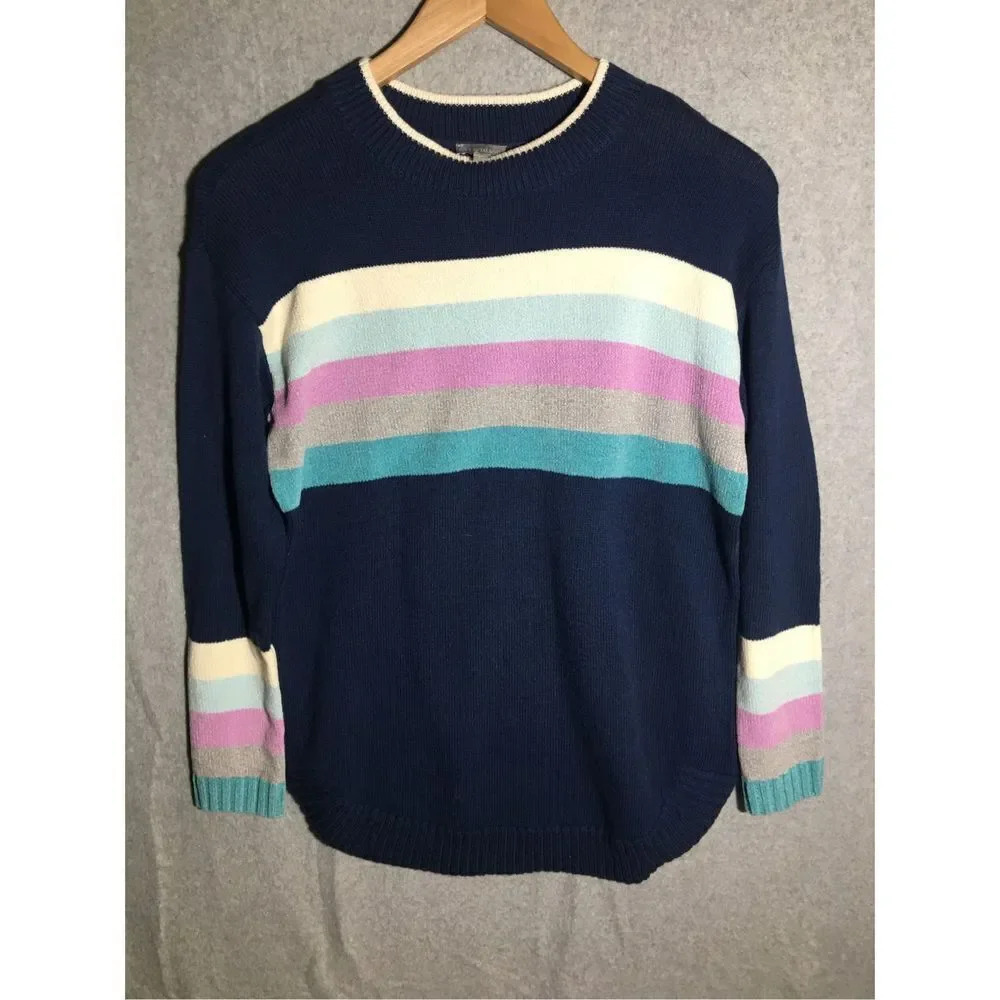Womens Talbots Sweater Multicolored Navy Blue Striped Mockneck Casual Winter